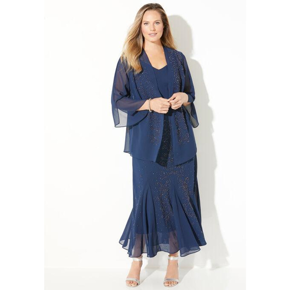 $199 Catherine's Navy Blue Masquerade Beaded Dress & Jacket Set 24W NEW